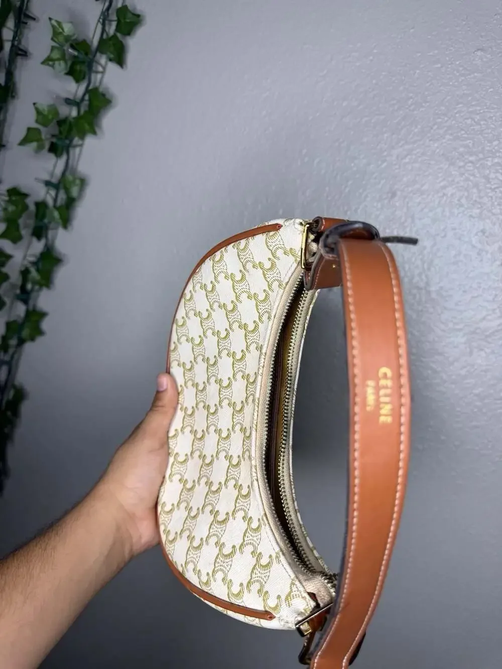 Celine Ava Triomphe Shoulder Bag White Coated Canvas with Tan Leather Trim